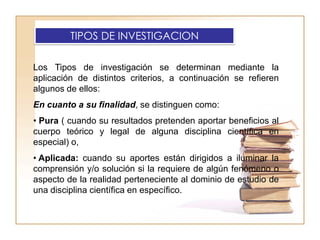 TIPOS DE INVESTIGACION

Los Tipos de investigación se determinan mediante la
aplicación de distintos criterios, a continuación se refieren
algunos de ellos:
En cuanto a su finalidad, se distinguen como:
• Pura ( cuando su resultados pretenden aportar beneficios al
cuerpo teórico y legal de alguna disciplina científica en
especial) o,
• Aplicada: cuando su aportes están dirigidos a iluminar la
comprensión y/o solución si la requiere de algún fenómeno o
aspecto de la realidad perteneciente al dominio de estudio de
una disciplina científica en específico.
 