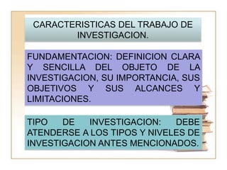CARACTERISTICAS DEL TRABAJO DE
        INVESTIGACION.

FUNDAMENTACION: DEFINICION CLARA
Y SENCILLA DEL OBJETO DE LA
INVESTIGACION, SU IMPORTANCIA, SUS
OBJETIVOS Y SUS ALCANCES Y
LIMITACIONES.

TIPO   DE   INVESTIGACION:   DEBE
ATENDERSE A LOS TIPOS Y NIVELES DE
INVESTIGACION ANTES MENCIONADOS.
 