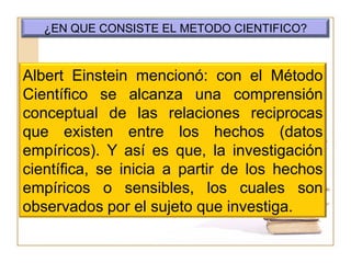 ¿EN QUE CONSISTE EL METODO CIENTIFICO?



Albert Einstein mencionó: con el Método
Científico se alcanza una comprensión
conceptual de las relaciones reciprocas
que existen entre los hechos (datos
empíricos). Y así es que, la investigación
científica, se inicia a partir de los hechos
empíricos o sensibles, los cuales son
observados por el sujeto que investiga.
 