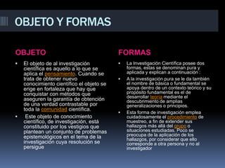 OBJETO Y FORMAS
OBJETO FORMAS
 El objeto de al investigación
científica es aquello a lo que se
aplica el pensamiento. Cuando se
trata de obtener nuevo
conocimiento científico el objeto se
erige en fortaleza que hay que
conquistar con métodos que
aseguren la garantía de obtención
de una verdad contrastable por
toda la comunidad científica.
 Este objeto de conocimiento
científico, de investigación, está
constituido por los vestigios que
plantean un conjunto de problemas
epistemológicos en el tema de la
investigación cuya resolución se
persigue
 La Investigación Científica posee dos
formas, estas se denominan pura y
aplicada y explican a continuación :
 A la investigación pura se le da también
el nombre de básica o fundamental se
apoya dentro de un contexto teórico y su
propósito fundamental es el de
desarrollar teoría mediante el
descubrimiento de amplias
generalizaciones o principios.
 Esta forma de investigación emplea
cuidadosamente el procedimiento de
muestreo, a fin de extender sus
hallazgos más allá del grupo o
situaciones estudiadas. Poco se
preocupa de la aplicación de los
hallazgos, por considerar que ello
corresponde a otra persona y no al
investigador
 