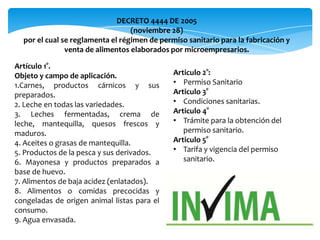 DECRETO 4444 DE 2005
                                  (noviembre 28)
  por el cual se reglamenta el régimen de permiso sanitario para la fabricación y
               venta de alimentos elaborados por microempresarios.

Artículo 1°.
Objeto y campo de aplicación.                 Articulo 2°:
1.Carnes, productos cárnicos y sus            • Permiso Sanitario
preparados.                                   Articulo 3°
2. Leche en todas las variedades.             • Condiciones sanitarias.
3. Leches fermentadas, crema de               Articulo 4°
leche, mantequilla, quesos frescos y          • Trámite para la obtención del
maduros.                                         permiso sanitario.
4. Aceites o grasas de mantequilla.           Articulo 5°
5. Productos de la pesca y sus derivados.     • Tarifa y vigencia del permiso
6. Mayonesa y productos preparados a             sanitario.
base de huevo.
7. Alimentos de baja acidez (enlatados).
8. Alimentos o comidas precocidas y
congeladas de origen animal listas para el
consumo.
9. Agua envasada.
 