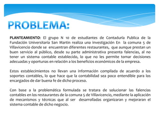 PLANTEAMIENTO: El grupo N 10 de estudiantes de Contaduría Publica de la
Fundación Universitaria San Martin realiza una investigación En la comuna 5 de
Villavicencio donde se encuentran diferentes restaurantes, que aunque prestan un
buen servicio al público, desde su parte administrativa presenta falencias, al no
tener un sistema contable establecido, lo que no les permite tomar decisiones
adecuadas y oportunas en relación a los beneficios económicos de la empresa.

Estos establecimientos no llevan una información compilada de acuerdo a los
soportes contables, lo que hace que la contabilidad sea poco entendible para los
encargados de dar buena fe de dicho proceso.

Con base a la problemática formulada se tratara de solucionar las falencias
contables en los restaurantes de la comuna 5 de Villavicencio, mediante la aplicación
de mecanismos y técnicas que al ser desarrolladas organizaran y mejoraran el
sistema contable de dicho negocio.
 