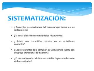 • ¿ Aumentar la capacitación del personal que labora en los
  restaurantes ?

• ¿ Mejorar el sistema contable de los restaurantes?

• ¿ Existe una trazabilidad verídica en las actividades
  contables?

• ¿ Los restaurantes de la comuna 5 de Villavicencio cuenta con
  un apoyo profesional de este tema?

• ¿ El uso inadecuado del sistema contable depende solamente
  de los empleados?
 