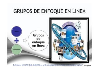 GRUPOS DE ENFOQUE EN LINEA


  internet



                            Grupos
                              de
                           enfoque
                           en línea
participantes




Definiciones del AUTOR CARL MACDANIEL en su libro investigación de mercados contemporánea capitulo 5
 