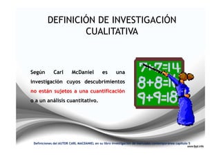 DEFINICIÓN DE INVESTIGACIÓN
                CUALITATIVA




Definiciones del AUTOR CARL MACDANIEL en su libro investigación de mercados contemporánea capitulo 5
 