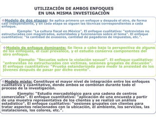 UTILIZACIÓN DE AMBOS ENFOQUES
EN UNA MISMA INVESTIGACIÓN
Modelo de dos etapas: Se aplica primero un enfoque y después el otro, de forma
casi independiente, y en cada etapa se siguen las técnicas correspondientes a cada
enfoque.
Ejemplo: “La cultura fiscal en México”. El enfoque cualitativo: “entrevistas no
estructuradas con magistrados, autoridades y funcionarios sobre el tema”. El enfoque
cuantitativo: “la cantidad de evasores, cantidad de pagadores de impuestos, etc.”.
Modelo de enfoque dominante: Se lleva a cabo bajo la perspectiva de alguno
de los enfoques, el cual prevalece, y el estudio conserva componentes del
otro enfoque.
Ejemplo: “Secuelas sobre la violación sexual”. El enfoque cualitativo:
“entrevistas no estructuradas con victimas, sesiones grupales de discusión”.
El enfoque cuantitativo: “Prueba estandarizada para medir la ansiedad de los
jóvenes después de pasar por dicho evento”.
Modelo mixto: Constituye el mayor nivel de integración entre los enfoques
cualitativo y cuantitativo, donde ambos se combinan durante todo el
proceso de la investigación.
Ejemplo: “Estudio mercadológico para una cadena de centros
comerciales”. El enfoque cuantitativo: “aplicación de una encuesta a partir
de una muestra representativa de los clientes y se realizó un análisis
estadístico”. El enfoque cualitativo: “sesiones grupales con clientes para
tratar aspectos relacionados con la ubicación, el ambiente, los servicios, las
instalaciones, los colores, etc.”.
 