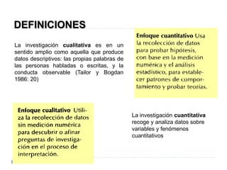 DEFINICIONES
La investigación cualitativa es en un
sentido amplio como aquella que produce
datos descriptivos: las propias palabras de
las personas habladas o escritas, y la
conducta observable (Tailor y Bogdan
1986: 20)
La investigación cuantitativa
recoge y analiza datos sobre
variables y fenómenos
cuantitativos
 