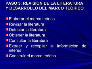 PASO 3: REVISIÓN DE LA LITERATURA
Y DESARROLLO DEL MARCO TEÓRICO

 Elaborar el marco teórico
 Revisar la literatura
 Detectar la literatura
 Obtener la literatura
 Consultar la literatura
 Extraer y recopilar la información de
 interés
 Construir el marco teórico
 