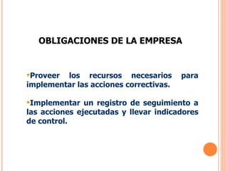 OBLIGACIONES DE LA EMPRESA  Proveer los recursos necesarios para implementar las acciones correctivas. Implementar un registro de seguimiento a las acciones ejecutadas y llevar indicadores de control.  