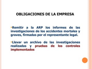 OBLIGACIONES DE LA EMPRESA Remitir a la ARP los informes de las investigaciones de los accidentes mortales y graves, firmadas por el representante legal.  Llevar un archivo de las investigaciones realizadas y  pruebas de los controles implementados 