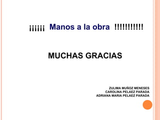 ¡¡¡¡¡¡  Manos a la obra  !!!!!!!!!!! MUCHAS GRACIAS  ZULIMA MUÑOZ MENESES  CAROLINA PELAEZ PARADA  ADRIANA MARIA PELAEZ PARADA  