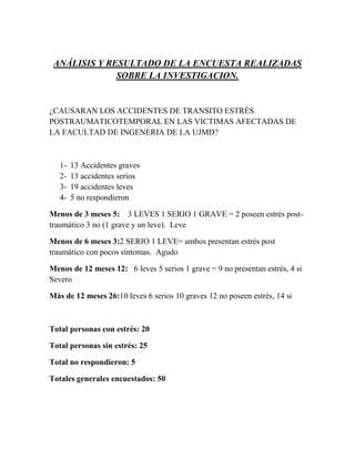 ANÁLISIS Y RESULTADO DE LA ENCUESTA REALIZADAS
              SOBRE LA INVESTIGACION.


¿CAUSARAN LOS ACCIDENTES DE TRANSITO ESTRÉS
POSTRAUMATICOTEMPORAL EN LAS VICTIMAS AFECTADAS DE
LA FACULTAD DE INGENERIA DE LA UJMD?



   1-   13 Accidentes graves
   2-   13 accidentes serios
   3-   19 accidentes leves
   4-   5 no respondieron

Menos de 3 meses 5: 3 LEVES 1 SERIO 1 GRAVE = 2 poseen estrés post-
traumático 3 no (1 grave y un leve). Leve

Menos de 6 meses 3:2 SERIO 1 LEVE= ambos presentan estrés post
traumático con pocos síntomas. Agudo

Menos de 12 meses 12: 6 leves 5 serios 1 grave = 9 no presentan estrés, 4 si
Severo

Más de 12 meses 26:10 leves 6 serios 10 graves 12 no poseen estrés, 14 si



Total personas con estrés: 20

Total personas sin estrés: 25

Total no respondieron: 5

Totales generales encuestados: 50
 