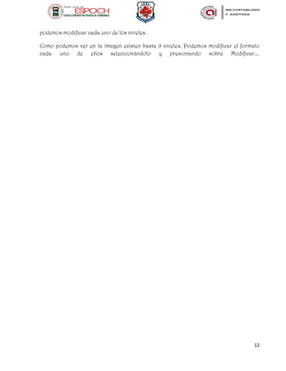 12
podemos modificar cada uno de los niveles.
Como podemos ver en la imagen existen hasta 9 niveles. Podemos modificar el formato
cada uno de ellos seleccionándolo y presionando sobre Modificar....
 