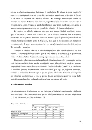 21
porque no ofrecen una conexión directa con el mundo fuera del aula de la misma manera. Si
bien es cierto que por ejemplo los tebeos, los videojuegos, las películas, la literatura de ficción
y las letras de canciones son material auténtico. Sin embargo, normalmente cuando se
presenta una historia de ficción en la encuesta, es posible que los estudiantes al responder a la
pregunta hayan tenido presente la realidad cotidiana en lugar de un mundo de ficción como la
que normalmente se encuentra en, por ejemplo las películas y la literatura de ficción.
En cuanto a las películas, podemos mencionar que, aunque dieciséis estudiantes opinan
que la televisión es buena para la conexión con la realidad fuera del aula, solo cuatro
estudiantes han elegido las películas. Puede ser debido a que las películas generalmente no
ofrecen tantas posibilidades como la televisión, dado que en la televisión hay numerosos
programas sobre diversos temas, y además hay por ejemplo telediarios, medios informativos,
documentales y anuncios.
Tampoco el libro de texto es el instrumento preferido para que la enseñanza sea más
realista. Skolverket (2006b:76) afirma que el libro de texto es adaptado, y es posible que
pocos estudiantes lo han elegido solamente porque no es un material auténtico.
Finalmente, solamente dos estudiantes han elegido discusiones sobre experiencias propias
y de otros compañeros. Dado que las experiencias tratan sobre algo real, puede ser un poco
sorprendente que no hayan elegido esta temática. Según Skolverket (2006b:75) es común que
la enseñanza parta de las experiencias de los estudiantes, y es algo que, según los profesores,
aumenta la motivación. Sin embargo, es posible que los estudiantes de nuestra investigación
no estén tan acostumbrados a ello, y que no tengan experiencias positivas sobre dicho
material, y que el profesor no haya logrado usarlo de una manera relevante.
4.1.3 Interés del contenido
La pregunta número siete tenía que ver con cuál material didáctico encuentran los estudiantes
más interesante, y los cuadros muestran que las principales respuestas han sido las películas
(15), los libros de texto (10) y el Internet (10).
Pregunta 7 – El interés
Chicas Chicos
n. 1993,
6 años
n. 1994,
5 años
n. 1993,
6 años
n. 1994,
5 años Total
Libros de texto 2 3 2 3 10
Diccionarios, enciclopedias 0 0 0 1 1
Televisión 0 2 0 3 5
Radio 0 0 1 2 3
 