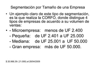 Segmentación por Tamaño de una Empresa   <ul><li>Un ejemplo claro de este tipo de segmentación, es la que realiza la CORFO...