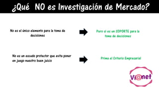 ¿Qué NO es Investigación de Mercado?
No es el único elemento para la toma de
decisiones
Pero si es un SOPORTE para la
toma de decisiones
No es un escudo protector que evita poner
en juego nuestro buen juicio
Prima el Criterio Empresarial
 