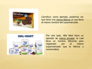 Carrefour, como ejemplo, podemos ver
que tiene una marca blanca ya que lleva
el mismo nombre del supermercado.
Por otro lado, Wal Mart tiene un
ejemplo de marca privada, la cual
lleva un nombre diferente pero
registrado por el mismo
supermercado que lo fabrica y
comercializa.
 