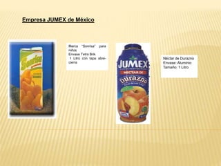 Empresa JUMEX de México
Marca “Sonrisa” para
niños
Envase Tetra Brik
1 Litro con tapa abre-
cierra
Néctar de Durazno
Envase: Aluminio
Tamaño: 1 Litro
 