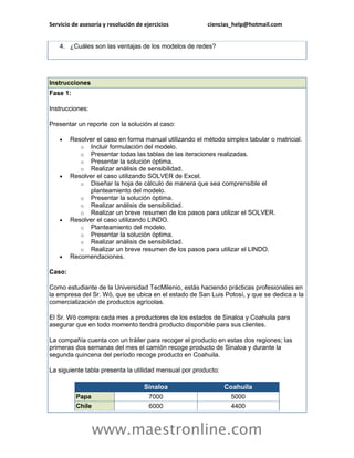 Servicio de asesoría y resolución de ejercicios         ciencias_help@hotmail.com


    4. ¿Cuáles son las ventajas de los modelos de redes?




Instrucciones
Fase 1:

Instrucciones:

Presentar un reporte con la solución al caso:

       Resolver el caso en forma manual utilizando el método simplex tabular o matricial.
           o Incluir formulación del modelo.
           o Presentar todas las tablas de las iteraciones realizadas.
           o Presentar la solución óptima.
           o Realizar análisis de sensibilidad.
       Resolver el caso utilizando SOLVER de Excel.
           o Diseñar la hoja de cálculo de manera que sea comprensible el
              planteamiento del modelo.
           o Presentar la solución óptima.
           o Realizar análisis de sensibilidad.
           o Realizar un breve resumen de los pasos para utilizar el SOLVER.
       Resolver el caso utilizando LINDO.
           o Planteamiento del modelo.
           o Presentar la solución óptima.
           o Realizar análisis de sensibilidad.
           o Realizar un breve resumen de los pasos para utilizar el LINDO.
       Recomendaciones.

Caso:

Como estudiante de la Universidad TecMilenio, estás haciendo prácticas profesionales en
la empresa del Sr. Wö, que se ubica en el estado de San Luis Potosí, y que se dedica a la
comercialización de productos agrícolas.

El Sr. Wö compra cada mes a productores de los estados de Sinaloa y Coahuila para
asegurar que en todo momento tendrá producto disponible para sus clientes.

La compañía cuenta con un tráiler para recoger el producto en estas dos regiones; las
primeras dos semanas del mes el camión recoge producto de Sinaloa y durante la
segunda quincena del período recoge producto en Coahuila.

La siguiente tabla presenta la utilidad mensual por producto:

                                     Sinaloa                    Coahuila
          Papa                        7000                        5000
          Chile                       6000                        4400



                  www.maestronline.com
 