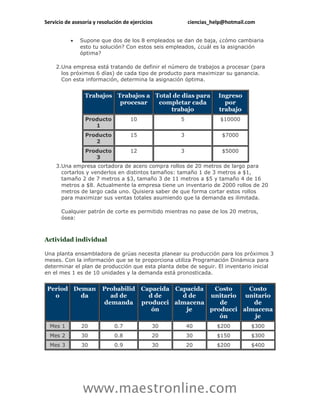 Servicio de asesoría y resolución de ejercicios        ciencias_help@hotmail.com


              Supone que dos de los 8 empleados se dan de baja, ¿cómo cambiaria
               esto tu solución? Con estos seis empleados, ¿cuál es la asignación
               óptima?

     2.Una empresa está tratando de definir el número de trabajos a procesar (para
       los próximos 6 días) de cada tipo de producto para maximizar su ganancia.
       Con esta información, determina la asignación óptima.


                 Trabajos Trabajos a Total de días para           Ingreso
                           procesar   completar cada                por
                                          trabajo                 trabajo
                 Producto            10            5               $10000
                    1
                 Producto            15            3               $7000
                    2
                 Producto            12            3               $5000
                    3
     3.Una empresa cortadora de acero compra rollos de 20 metros de largo para
       cortarlos y venderlos en distintos tamaños: tamaño 1 de 3 metros a $1,
       tamaño 2 de 7 metros a $3, tamaño 3 de 11 metros a $5 y tamaño 4 de 16
       metros a $8. Actualmente la empresa tiene un inventario de 2000 rollos de 20
       metros de largo cada uno. Quisiera saber de que forma cortar estos rollos
       para maximizar sus ventas totales asumiendo que la demanda es ilimitada.

       Cualquier patrón de corte es permitido mientras no pase de los 20 metros,
       ósea:



Actividad individual

Una planta ensambladora de grúas necesita planear su producción para los próximos 3
meses. Con la información que se te proporciona utiliza Programación Dinámica para
determinar el plan de producción que esta planta debe de seguir. El inventario inicial
en el mes 1 es de 10 unidades y la demanda está pronosticada.


 Period Deman            Probabilid Capacida Capacida  Costo     Costo
   o      da               ad de      d de     d de   unitario unitario
                         demanda producci almacena       de       de
                                       ón       je    producci almacena
                                                         ón       je
  Mes 1        20             0.7             30       40        $200         $300
  Mes 2        30             0.8             20       30        $150         $300
  Mes 3        30             0.9             30       20        $200         $400




                www.maestronline.com
 