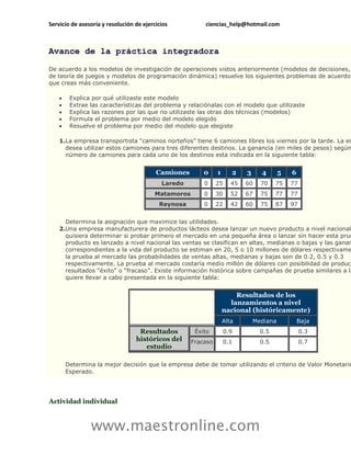 Servicio de asesoría y resolución de ejercicios           ciencias_help@hotmail.com



Avance de la práctica integradora

De acuerdo a los modelos de investigación de operaciones vistos anteriormente (modelos de decisiones,
de teoría de juegos y modelos de programación dinámica) resuelve los siguientes problemas de acuerdo
que creas más conveniente.

        Explica por qué utilizaste este modelo
        Extrae las características del problema y relaciónalas con el modelo que utilizaste
        Explica las razones por las que no utilizaste las otras dos técnicas (modelos)
        Formula el problema por medio del modelo elegido
        Resuelve el problema por medio del modelo que elegiste

    1.La empresa transportista “caminos norteños” tiene 6 camiones libres los viernes por la tarde. La em
      desea utilizar estos camiones para tres diferentes destinos. La ganancia (en miles de pesos) según
      número de camiones para cada uno de los destinos esta indicada en la siguiente tabla:


                                          Camiones        0     1      2    3     4       5   6
                                            Laredo        0     25     45   60    70    75    77
                                          Matamoros       0     30     52   67    75    77    77
                                           Reynosa        0     22     42   60    75    87    97


      Determina la asignación que maximice las utilidades.
    2.Una empresa manufacturera de productos lácteos desea lanzar un nuevo producto a nivel nacional
      quisiera determinar si probar primero el mercado en una pequeña área o lanzar sin hacer esta prue
      producto es lanzado a nivel nacional las ventas se clasifican en altas, medianas o bajas y las ganan
      correspondientes a la vida del producto se estiman en 20, 5 o 10 millones de dólares respectivame
      la prueba al mercado las probabilidades de ventas altas, medianas y bajas son de 0.2, 0.5 y 0.3
      respectivamente. La prueba al mercado costaría medio millón de dólares con posibilidad de produci
      resultados “éxito” o “fracaso”. Existe información histórica sobre campañas de prueba similares a la
      quiere llevar a cabo presentada en la siguiente tabla:


                                                                        Resultados de los
                                                                      lanzamientos a nivel
                                                                    nacional (históricamente)
                                                                    Alta        Mediana           Baja
                                   Resultados          Éxito         0.9          0.5              0.3
                                  históricos del      Fracaso        0.1          0.5              0.7
                                     estudio

        Determina la mejor decisión que la empresa debe de tomar utilizando el criterio de Valor Monetario
        Esperado.




Actividad individual



                www.maestronline.com
 