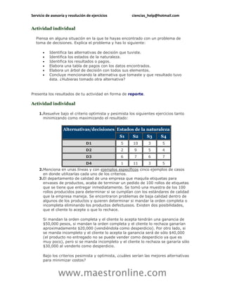 Servicio de asesoría y resolución de ejercicios         ciencias_help@hotmail.com


Actividad individual

   Piensa en alguna situación en la que te hayas encontrado con un problema de
   toma de decisiones. Explica el problema y has lo siguiente:

          Identifica las alternativas de decisión que tuviste.
          Identifica los estados de la naturaleza.
          Identifica los resultados o pagos.
          Elabora una tabla de pagos con los datos encontrados.
          Elabora un árbol de decisión con todos sus elementos.
          Concluye mencionando la alternativa que tomaste y que resultado tuvo
           ésta. ¿Hubieras tomado otra alternativa?



Presenta los resultados de tu actividad en forma de reporte.

Actividad individual

    1.Resuelve bajo el criterio optimista y pesimista los siguientes ejercicios tanto
      minimizando como maximizando el resultado:


                   Alternativas/decisiones Estados de la naturaleza
                                                  S1    S2      S3      S4
                                 D1               5      10      3       5
                                 D2               2      9       5       4
                                 D3               6      7       6       7
                                 D4               1      11      3       5
    2.Menciona en unas líneas y con ejemplos específicos cinco ejemplos de casos
      en donde utilizarías cada uno de los criterios.
    3.El departamento de calidad de una empresa que maquila etiquetas para
      envases de productos, acaba de terminar un pedido de 100 rollos de etiquetas
      que se tiene que entregar inmediatamente. Se tomó una muestra de los 100
      rollos producidos para determinar si se cumplían con los estándares de calidad
      que la empresa maneja. Se encontraron problemas de baja calidad dentro de
      algunos de los productos y quieren determinar si mandar la orden completa o
      incompleta eliminando los productos defectuosos. Existen dos posibilidades,
      que el cliente lo acepte o que lo rechace.

       Si mandan la orden completa y el cliente lo acepta tendrán una ganancia de
       $50,000 pesos, si mandan la orden completa y el cliente lo rechaza ganarían
       aproximadamente $20,000 (vendiéndola como desperdicio). Por otro lado, si
       se manda incompleto y el cliente lo acepta la ganancia será de sólo $40,000
       (el producto no entregado no se puede vender como desperdicio ya que es
       muy poco), pero si se manda incompleto y el cliente lo rechaza se ganaría sólo
       $30,000 al venderlo como desperdicio.

       Bajo los criterios pesimista y optimista, ¿cuáles serían las mejores alternativas
       para minimizar costos?


                www.maestronline.com
 