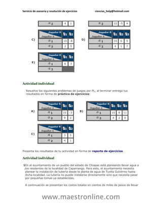 Servicio de asesoría y resolución de ejercicios         ciencias_help@hotmail.com



                        2          4    1                      2     10      -5          4



                                    1    2                               1       2        3
       C)                                          D)
                        1          10   -8                     1     10          6       5

                        2          2    5                      2        4        1       7



                                    1    2
       E)
                        1          6    3

                        2




Actividad individual

   Resuelve los siguientes problemas de juegos por PL, al terminar entrega tus
   resultados en forma de práctica de ejercicios:



                                    1    2                           1       2        3
       A)                                         B)
                        1         10    -3                 1        10       8       11

                        2          9    2                  2        4        2       0



                                    1    2
       C)
                        1          3    5

                        2          4    1


Presenta los resultados de tu actividad en forma de reporte de ejercicios.

Actividad individual

1En el ayuntamiento de un pueblo del estado de Chiapas está planeando llevar agua a
.los residentes de la localidad de Capamango. Para esto, el ayuntamiento necesita
 planear la instalación de tubería desde la planta de agua de Tuxtla Gutiérrez hasta
 dicha localidad. La tubería no puede instalarse directamente sino que necesita pasar
 por pequeñas tomas ya establecidas.

  A continuación se presentan los costos totales en cientos de miles de pesos de llevar



                www.maestronline.com
 