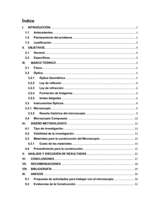 Índice
I. INTRODUCCIÓN................................................................................................................. 1
1.1 Antecedentes.............................................................................................................. 1
1.2 Planteamiento del problema.................................................................................... 2
1.3 Justificación ............................................................................................................... 3
II. OBJETIVOS......................................................................................................................... 4
2.1 General......................................................................................................................... 4
2.2 Específicos.................................................................................................................. 4
III. MARCO TEÓRICO.......................................................................................................... 5
3.1 Física............................................................................................................................ 5
3.2 Óptica........................................................................................................................... 5
3.2.1 Óptica Geométrica ............................................................................................. 5
3.2.2 Ley de reflexión.................................................................................................. 6
3.2.3 Ley de refracción................................................................................................ 6
3.2.4 Formación de Imágenes ................................................................................... 6
3.2.5 lentes delgadas ................................................................................................. 6
3.3 Instrumentos Ópticos ............................................................................................... 8
3.3.1 Microscopio ................................................................................................................ 9
3.3.2 Reseña histórica del microscopio .................................................................. 9
3.4 Microscopio Compuesto ........................................................................................ 10
IV. DISEÑO METODOLOGICO......................................................................................... 13
4.1 Tipo de investigación.............................................................................................. 13
4.2 Viabilidad de la investigación................................................................................ 13
4.3 Materiales para la construcción del Microscopio.............................................. 14
4.3.1 Costo de los materiales .................................................................................. 14
4.4 Procedimiento para la construcción.................................................................... 15
V. ANÁLISIS Y DISCUSIÓN DE RESULTADOS............................................................... 22
VI. CONCLUSIONES.......................................................................................................... 27
VII. RECOMENDACIONES................................................................................................. 28
VIII. BIBLIOGRAFÍA............................................................................................................. 29
IX. ANEXOS ........................................................................................................................ 30
9.1 Propuesta de actividades para trabajar con el microscopio........................... 30
9.2 Evidencias de la Construcción ............................................................................. 32
 