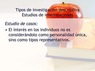 Tipos de investigación descriptivaEstudios tipo encuestaLos datos pueden extraerse a partir de toda la población o de una muestra cuidadosamente seleccionada. La información recogida puede referirse a un gran número de factores relacionados con el fenómeno o sólo a unos pocos aspectos recogidos. Su alcance y profundidad dependen de la naturaleza del problema.