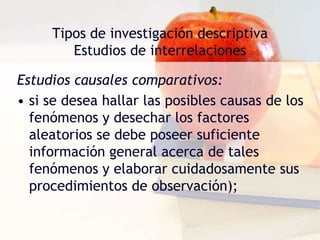 Tipos de investigación descriptivaEstudios de interrelacionesEstudios causales comparativos:Después de estudiar las semejanzas y diferencias que hay entre dos situaciones, entonces podrá describir los factores que parecen explicar la presencia del fenómeno en una situación y su ausencia en la otra. 