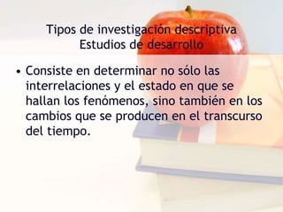 Tipos de investigación descriptivaEstudios de interrelacionesEstudios de correlación:Si los valores de dos variables aumentan o disminuyen de la misma manera, existe una correlación positiva; si, en cambio, los valores de una variable aumentan en tanto que disminuyen los de la otra, se trata de una correlación negativa; y si los valores de una variable aumentan, los de la otra pueden aumentar o disminuir, entonces hay poca o ninguna correlación. 