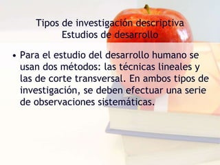 Tipos de investigación descriptivaEstudios de interrelacionesEstudios de correlación:Si bien el coeficiente de correlación sólo permite expresar en términos cuantitativos el grado de relación que dos variables guardan entre sí, no significa que tal relación sea de orden causal.