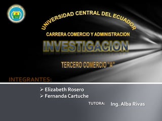 UNIVERSIDAD CENTRAL DEL ECUADOR CARRERA COMERCIO Y ADMINISTRACION INVESTIGACION TERCERO COMERCIO "A" INTEGRANTES: ,[object Object]