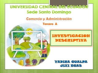UNIVERSIDAD CENTRAL DEL ECUADOR Sede Santo Domingo Comercio y Administración Tercero  A INVESTIGACION DESCRIPTIVA YADIRA GUALPA JIXI EGAS 