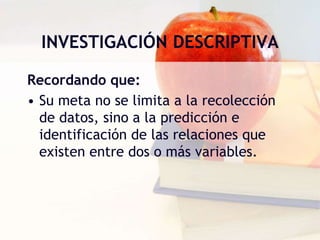 INVESTIGACIÓN DESCRIPTIVA
Recordando que:
• Su meta no se limita a la recolección
de datos, sino a la predicción e
identificación de las relaciones que
existen entre dos o más variables.
 