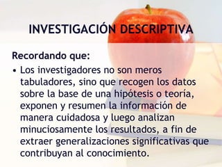 INVESTIGACIÓN DESCRIPTIVA
Recordando que:
• Los investigadores no son meros
tabuladores, sino que recogen los datos
sobre la base de una hipótesis o teoría,
exponen y resumen la información de
manera cuidadosa y luego analizan
minuciosamente los resultados, a fin de
extraer generalizaciones significativas que
contribuyan al conocimiento.
 