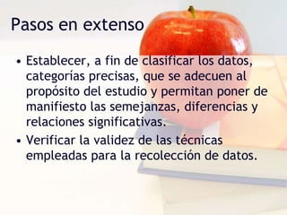 Pasos en extenso
• Establecer, a fin de clasificar los datos,
categorías precisas, que se adecuen al
propósito del estudio y permitan poner de
manifiesto las semejanzas, diferencias y
relaciones significativas.
• Verificar la validez de las técnicas
empleadas para la recolección de datos.
 