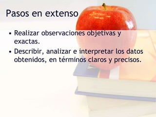 Pasos en extenso
• Realizar observaciones objetivas y
exactas.
• Describir, analizar e interpretar los datos
obtenidos, en términos claros y precisos.
 