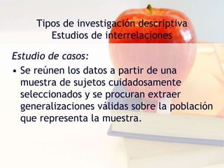 Tipos de investigación descriptiva
Estudios de interrelaciones
Estudio de casos:
• Se reúnen los datos a partir de una
muestra de sujetos cuidadosamente
seleccionados y se procuran extraer
generalizaciones válidas sobre la población
que representa la muestra.
 