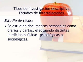 Tipos de investigación descriptiva
Estudios de interrelaciones
Estudio de casos:
• Se estudian documentos personales como
diarios y cartas, efectuando distintas
mediciones físicas, psicológicas o
sociológicas.
 