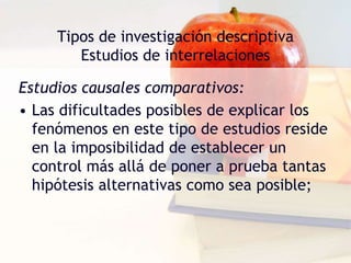 Tipos de investigación descriptiva
Estudios de interrelaciones
Estudios causales comparativos:
• Las dificultades posibles de explicar los
fenómenos en este tipo de estudios reside
en la imposibilidad de establecer un
control más allá de poner a prueba tantas
hipótesis alternativas como sea posible;
 