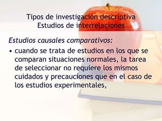 Tipos de investigación descriptiva
Estudios de interrelaciones
Estudios causales comparativos:
• cuando se trata de estudios en los que se
comparan situaciones normales, la tarea
de seleccionar no requiere los mismos
cuidados y precauciones que en el caso de
los estudios experimentales,
 