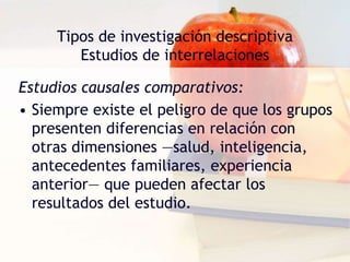 Tipos de investigación descriptiva
Estudios de interrelaciones
Estudios causales comparativos:
• Siempre existe el peligro de que los grupos
presenten diferencias en relación con
otras dimensiones —salud, inteligencia,
antecedentes familiares, experiencia
anterior— que pueden afectar los
resultados del estudio.
 