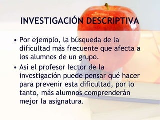 INVESTIGACIÓN DESCRIPTIVA
• Por ejemplo, la búsqueda de la
dificultad más frecuente que afecta a
los alumnos de un grupo.
• Así el profesor lector de la
investigación puede pensar qué hacer
para prevenir esta dificultad, por lo
tanto, más alumnos comprenderán
mejor la asignatura.
 