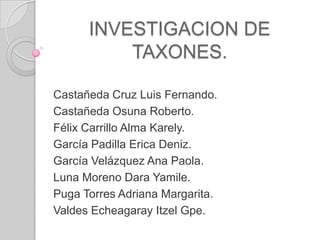 INVESTIGACION DE
TAXONES.
Castañeda Cruz Luis Fernando.
Castañeda Osuna Roberto.
Félix Carrillo Alma Karely.
García Padilla Erica Deniz.
García Velázquez Ana Paola.
Luna Moreno Dara Yamile.
Puga Torres Adriana Margarita.
Valdes Echeagaray Itzel Gpe.
 