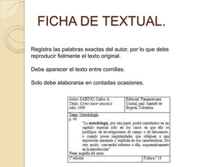 FICHA DE TEXTUAL.
Registra las palabras exactas del autor, por lo que debe
reproducir fielmente el texto original.

Debe aparecer el texto entre comillas.

Solo debe elaborarse en contadas ocasiones.
 