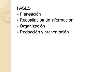 FASES:
 Planeación
 Recopilación de información
 Organización
 Redacción y presentación
 