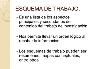 ESQUEMA DE TRABAJO.
   Es una lista de los aspectos
    principales y secundarios del
    contenido del trabajo de investigación.

   Nos permite llevar un orden lógico al
    recabar la información.

   Los esquemas de trabajo pueden ser
    resúmenes, mapas conceptuales,
    entre otros.
 