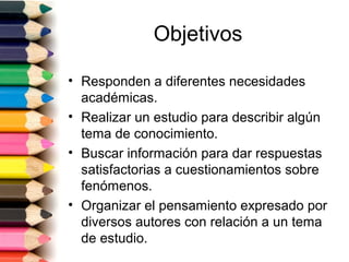 Objetivos

• Responden a diferentes necesidades
  académicas.
• Realizar un estudio para describir algún
  tema de conocimiento.
• Buscar información para dar respuestas
  satisfactorias a cuestionamientos sobre
  fenómenos.
• Organizar el pensamiento expresado por
  diversos autores con relación a un tema
  de estudio.
 
