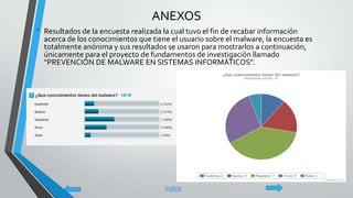 ANEXOS
• Resultados de la encuesta realizada la cual tuvo el fin de recabar información
acerca de los conocimientos que tiene el usuario sobre el malware, la encuesta es
totalmente anónima y sus resultados se usaron para mostrarlos a continuación,
únicamente para el proyecto de fundamentos de investigación llamado
“PREVENCIÓN DE MALWARE EN SISTEMAS INFORMÁTICOS”.
Índice
 